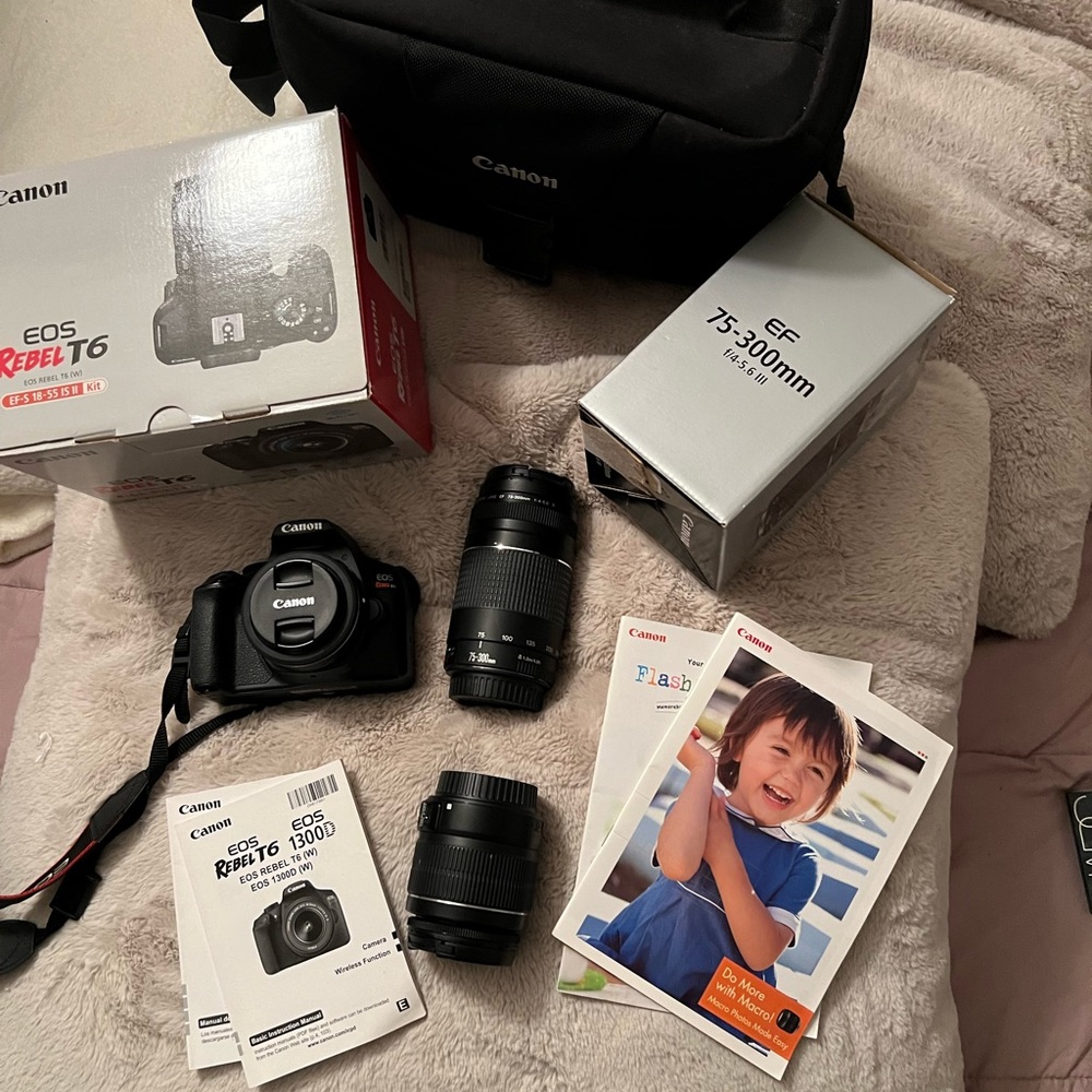 Rebel T6, with multiple lens, camera bag, original package
